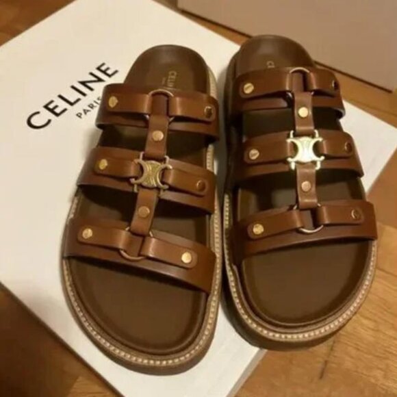 Celine Brown Leather Sandals with Gold Accents - Picture 4 of 4